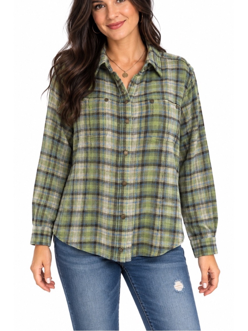 Woolrich Women’s Plaid Snap button shirt in Green, size Large